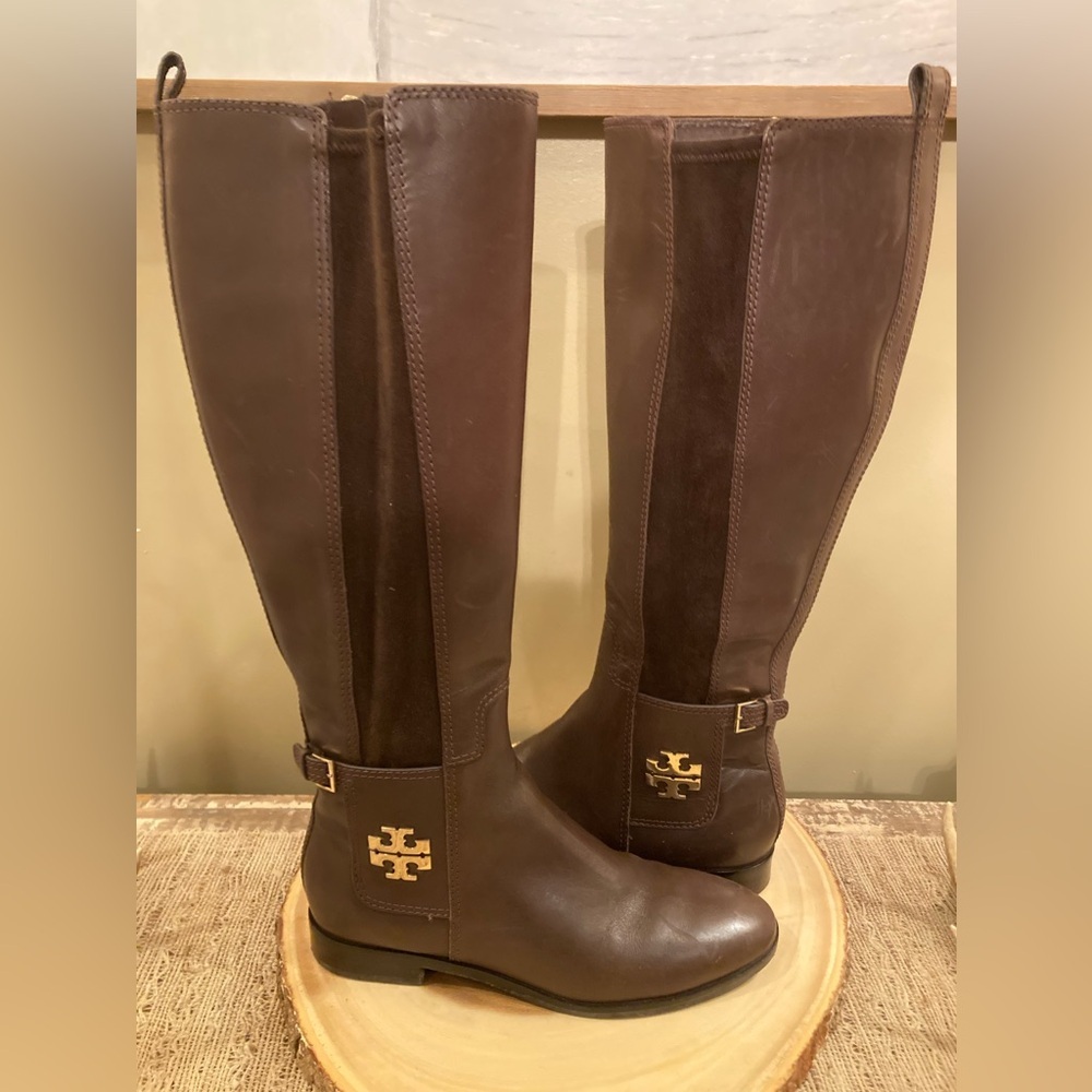 Tory Burch Wyatt Over Knee Brown Leather Boots Zip Up‎ Size-7.5